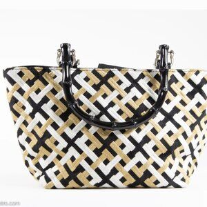 Talbots Embroidered Geometric Lattice Fabric Faux Bamboo Handles Women's Purse